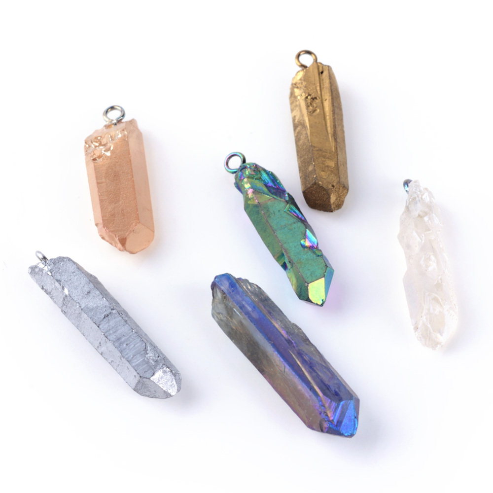 PandaHall Electroplate Natural Quartz Pendants, Point Pendants, with Iron Wires, Mixed Metal Color, Mixed Color, 20~50x6~15x6~15mm, Hole...