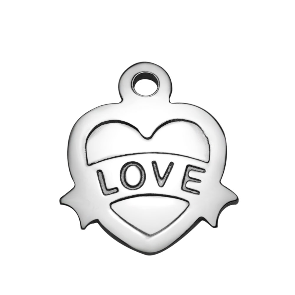 PandaHall 304 Stainless Steel Pendants, Heart with Word Love, Stainless Steel Color, 16.4x15mm Stainless Steel Heart