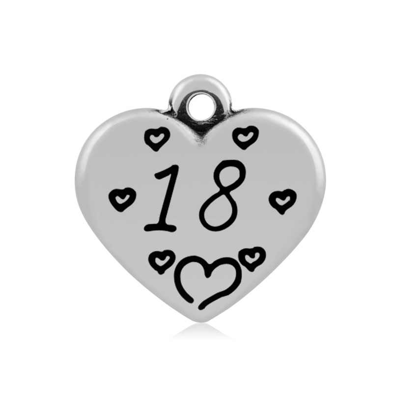 PandaHall Heart with Number 18 316 Stainless Steel Pendants, Antique Silver, 16x16.5x4mm, Hole: 2mm Stainless Steel Heart