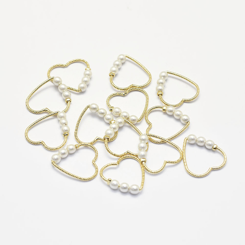PandaHall Long-Lasting Plated Brass Linking Rings, with Acrylic Pearl Beads, Real 18K Gold Plated, Nickel Free, Heart, 15x15.5x3mm, Hole...