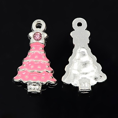 PandaHall Alloy Enamel Pendants and Rhinestones, Christmas Tree, Pink, Silver Color, Pink, about 21mm long, 12mm wide, 4mm thick, hole...