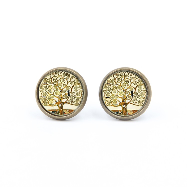 PandaHall Glass Stud Earrings, with Brass Findings, Flat Round with Tree of Life, ChampagneYellow, 14x5mm, Pin: 0.7mm Glass Yellow