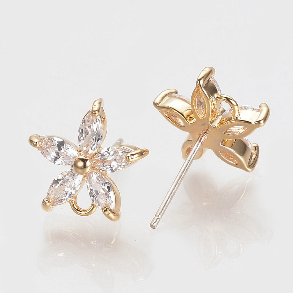 PandaHall Brass Cubic Zirconia Ear Stud Findings, Real Gold Plated, Flower, 11.5x12mm, Hole: 1.5mm; pin: 0.5mm Brass+Cubic Zirconia