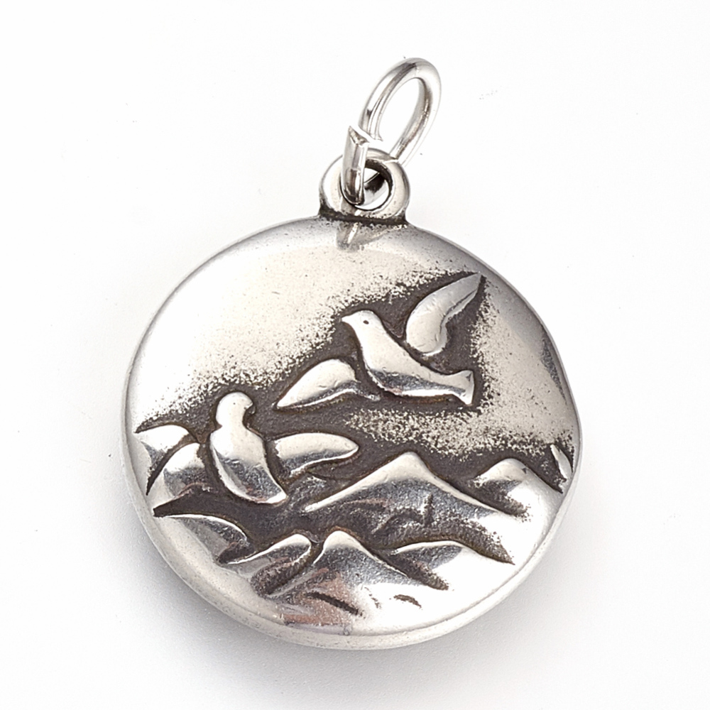 PandaHall 316 Stainless Steel Pendants, Flat Round, Carved Pattern, Antique Silver, 29x20x3mm, Hole: 5mm(including jump ring) Stainless...