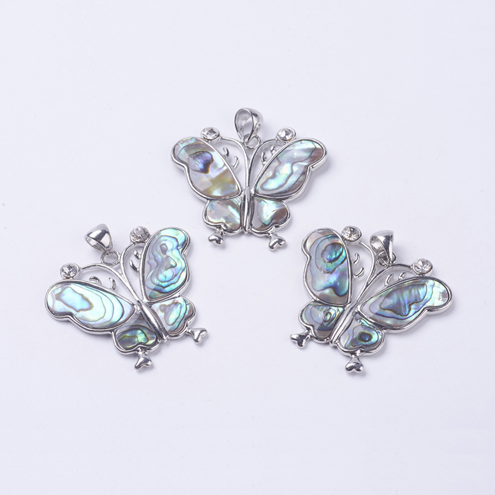 PandaHall Natural Paua Shell Pendants, with Brass Findings and Rhinestone, Butterfly, Platinum, 38x41x3.5mm, Hole: 5x7mm Paua Shell...