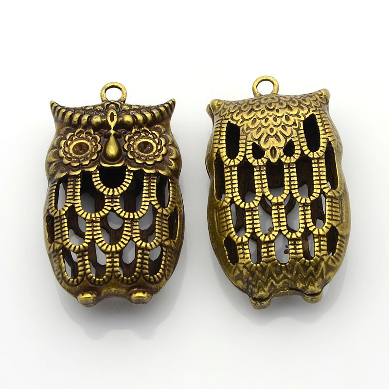 PandaHall Hollow Tibetan Style Alloy Bird Pendant Rhinestone Settings, Owl for Halloween, Nickel Free, Antique Bronze, 44x25x13mm, Hole...