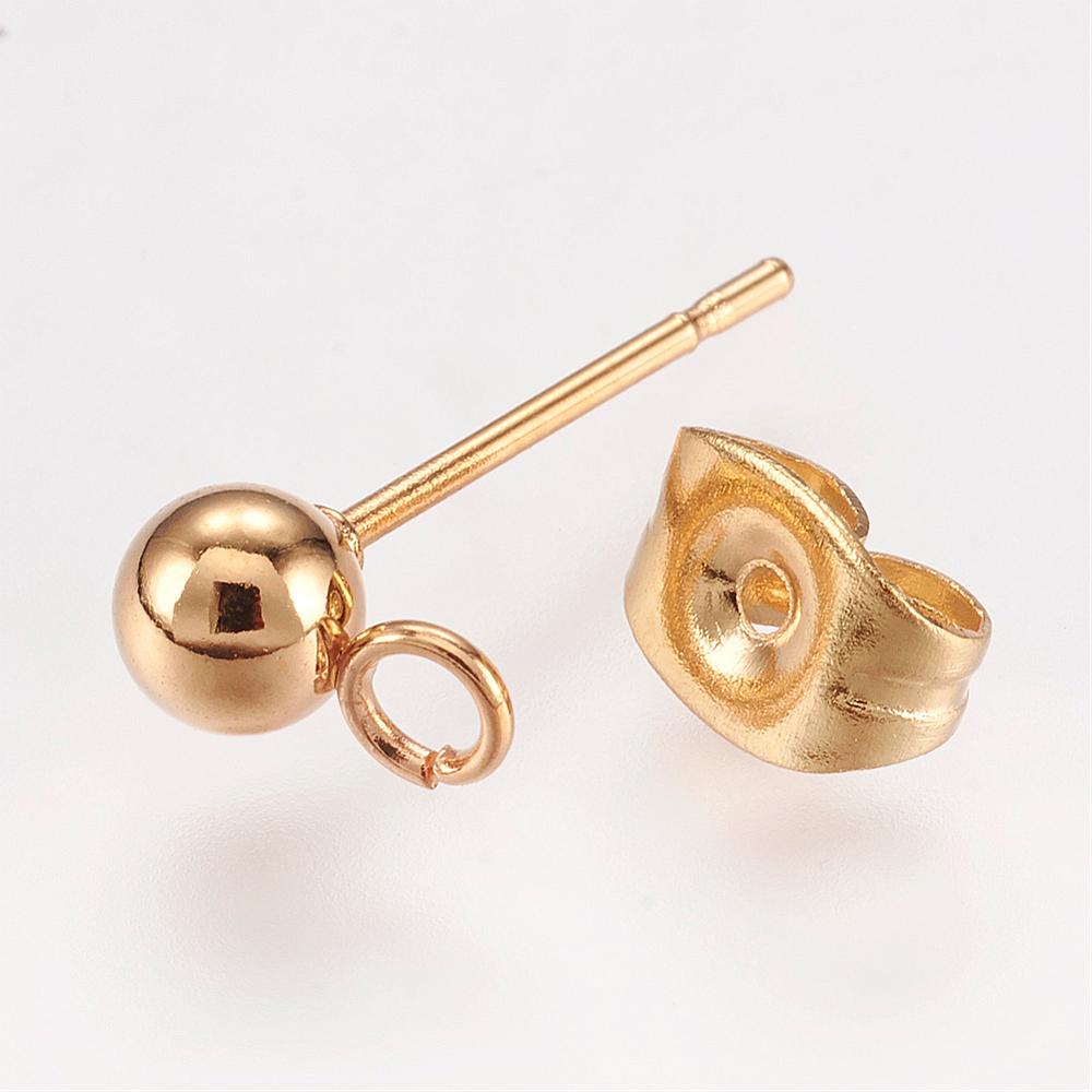 PandaHall 304 Stainless Steel Stud Earring Findings, Golden, 15x7mm, Hole: 2mm, Ball: 4mm, Pin: 0.7mm Stainless Steel