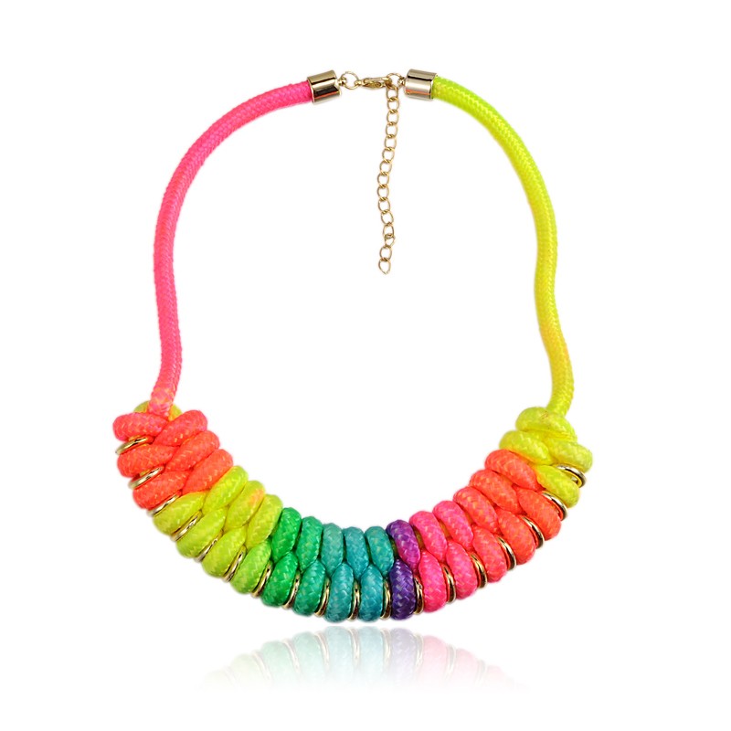 PandaHall Trendy Nylon Brass Bib Statement Necklaces, with Iron End Chains and Brass Lobster Claw Clasps, Golden, Colorful, 18.1" Nylon