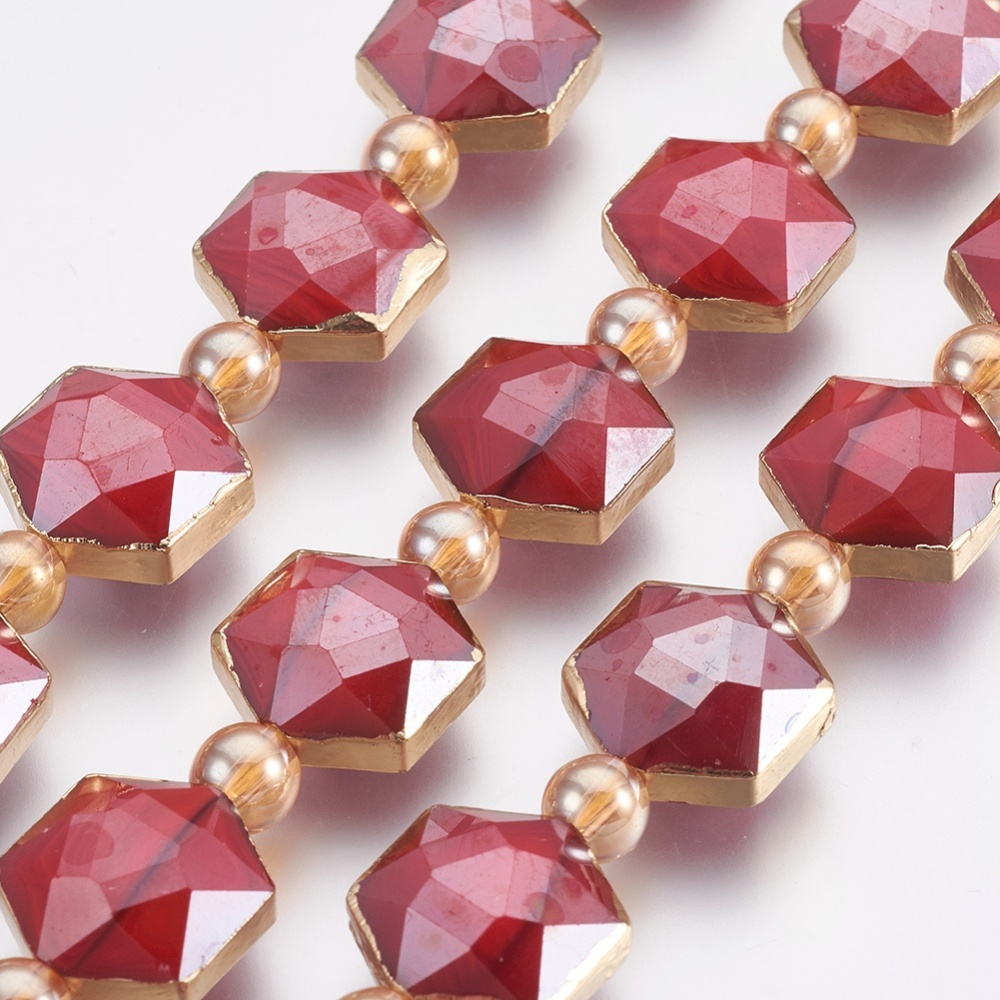 PandaHall Electroplate Glass Beads Strands, Faceted, with Golden Tone Brass Edge, Full Plated, Hexagon & Round, FireBrick, 15x14~15x7~8mm...