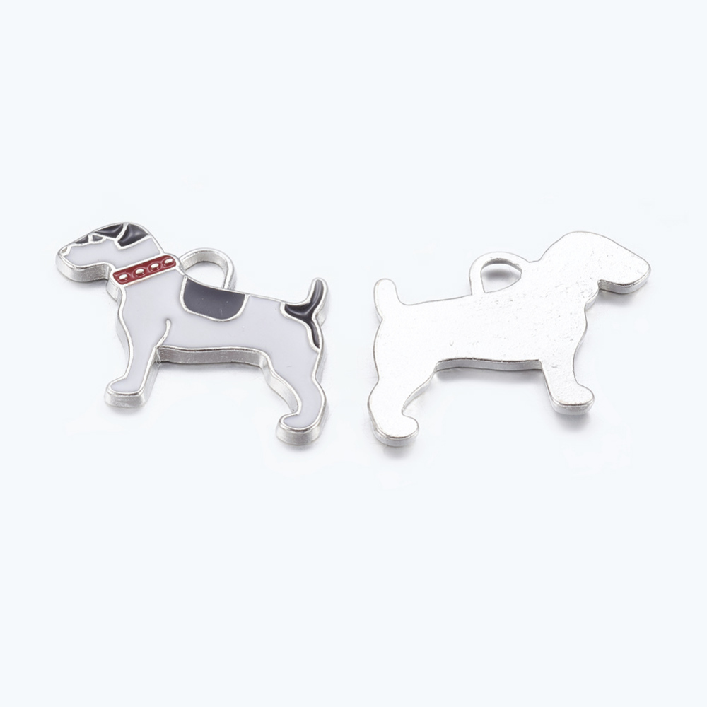 PandaHall Alloy Enamel Dog Pendants, Lead Free and Cadmium Free, Platinum Color, White, 18x25x2mm, Hole: 4mm Alloy+Enamel Dog White