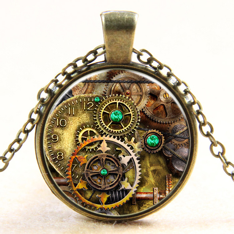 PandaHall Vintage Dial Plate Gear Pattern Flat Round Glass Pendant Necklaces, with Alloy Chains, Antique Bronze, 18" Glass