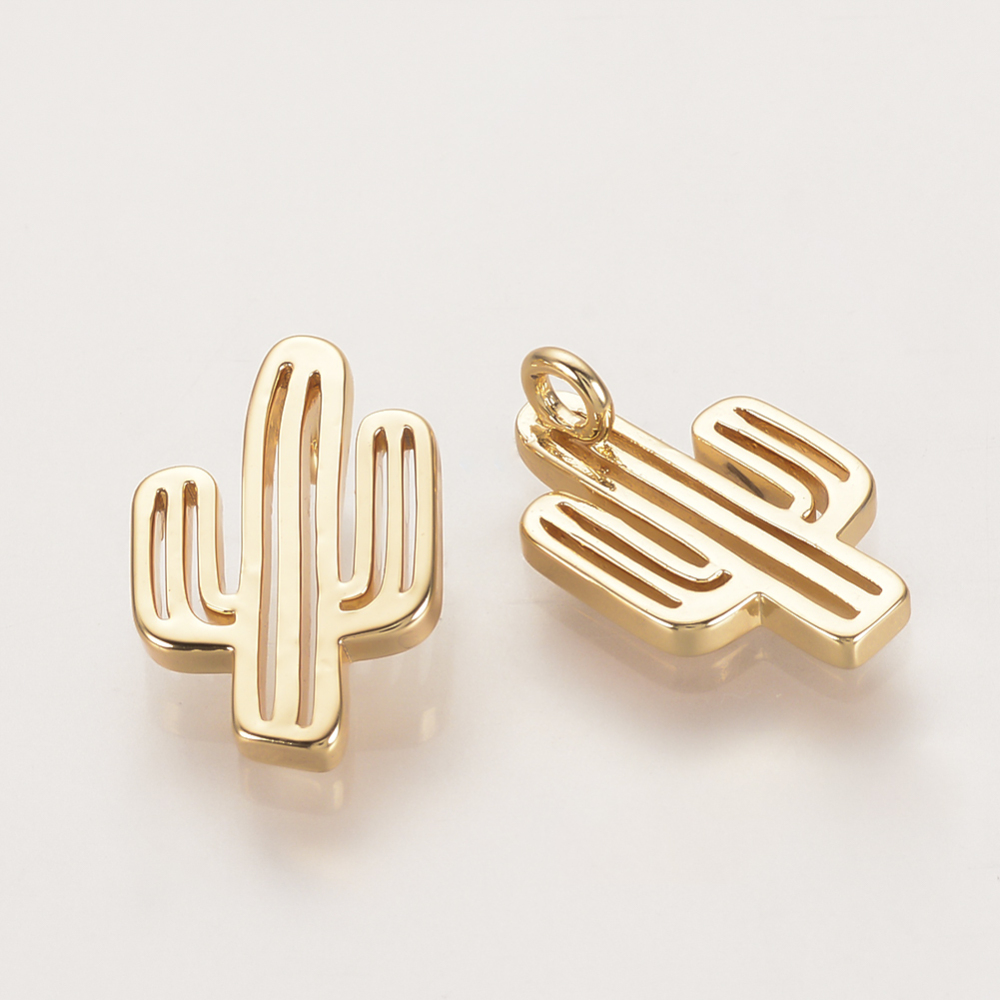 PandaHall Brass Charms, Real Gold Plated, Cactus, 14x9x2mm, Hole: 2mm Brass Flower