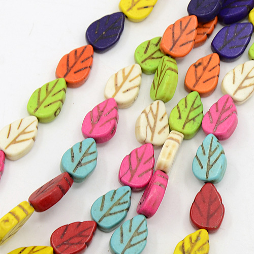 PandaHall Natural Howlite Beads Strands, Dyed, Leaf, Mixed Color, 13x9x4mm, Hole: 1mm; about 30pcs/strand, 16.14" Howlite Leaf Multicolor