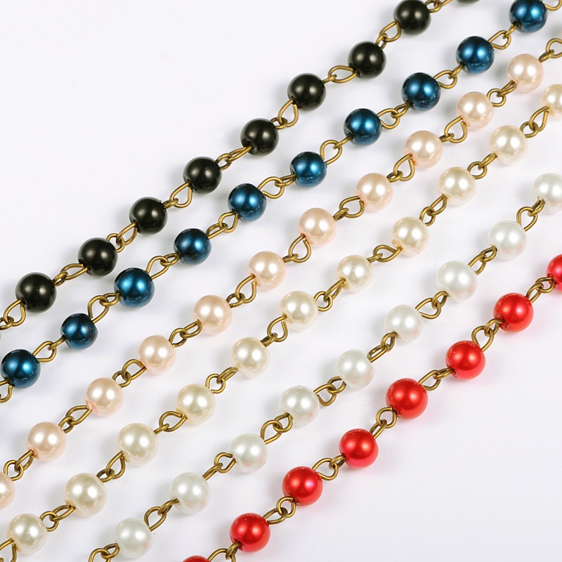 PandaHall Handmade Round Glass Pearl Beads Chains for Neckalces Bracelets Making, with Antique Bronze Iron Eye Pin, Mixed Color, 39.3"; Bead...
