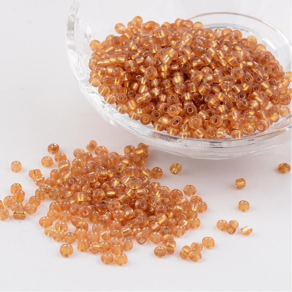 PandaHall 8/0 Glass Seed Beads, Silver Lined Round Hole, Round, Goldenrod, 3mm, Hole: 1mm; about 1097pcs/50g Glass Gold