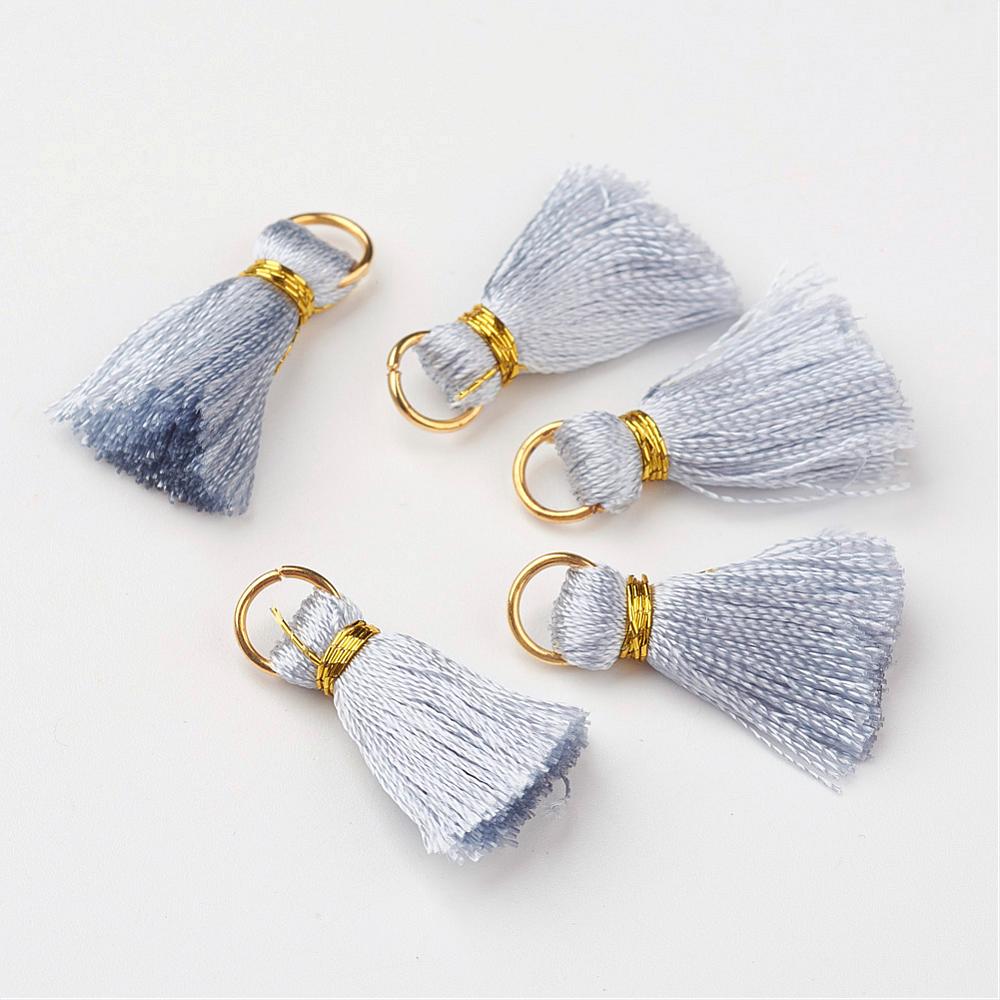 PandaHall Nylon Tassel Pendant Decoration, with Brass Findings, Golden, LightGrey, 23~27x5mm, Hole: 4mm Nylon Gray