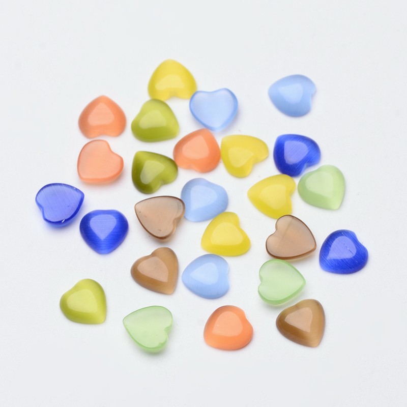 PandaHall Valentine Craft Findings, Mixed Color Heart Cat Eye Beads Cabochons, about 8mm in diameter, 3mm thick Glass Heart Multicolor