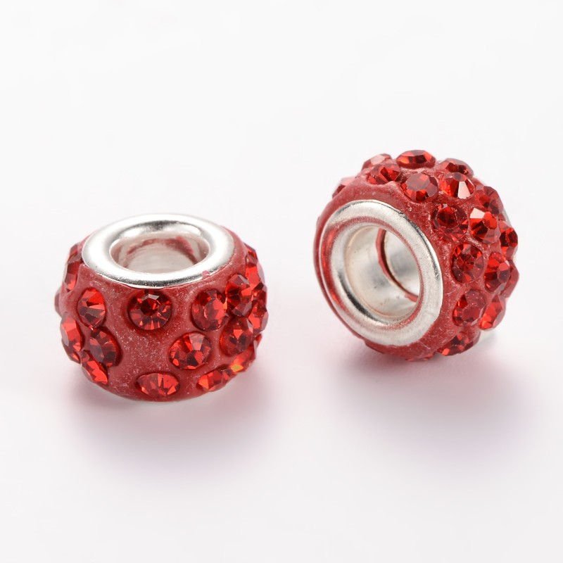 PandaHall Polymer Clay Rhinestone European Beads, Large Hole Rondelle Beads, with Platinum Plated Alloy Cores, Light Siam, 10~12x7mm, Hole...
