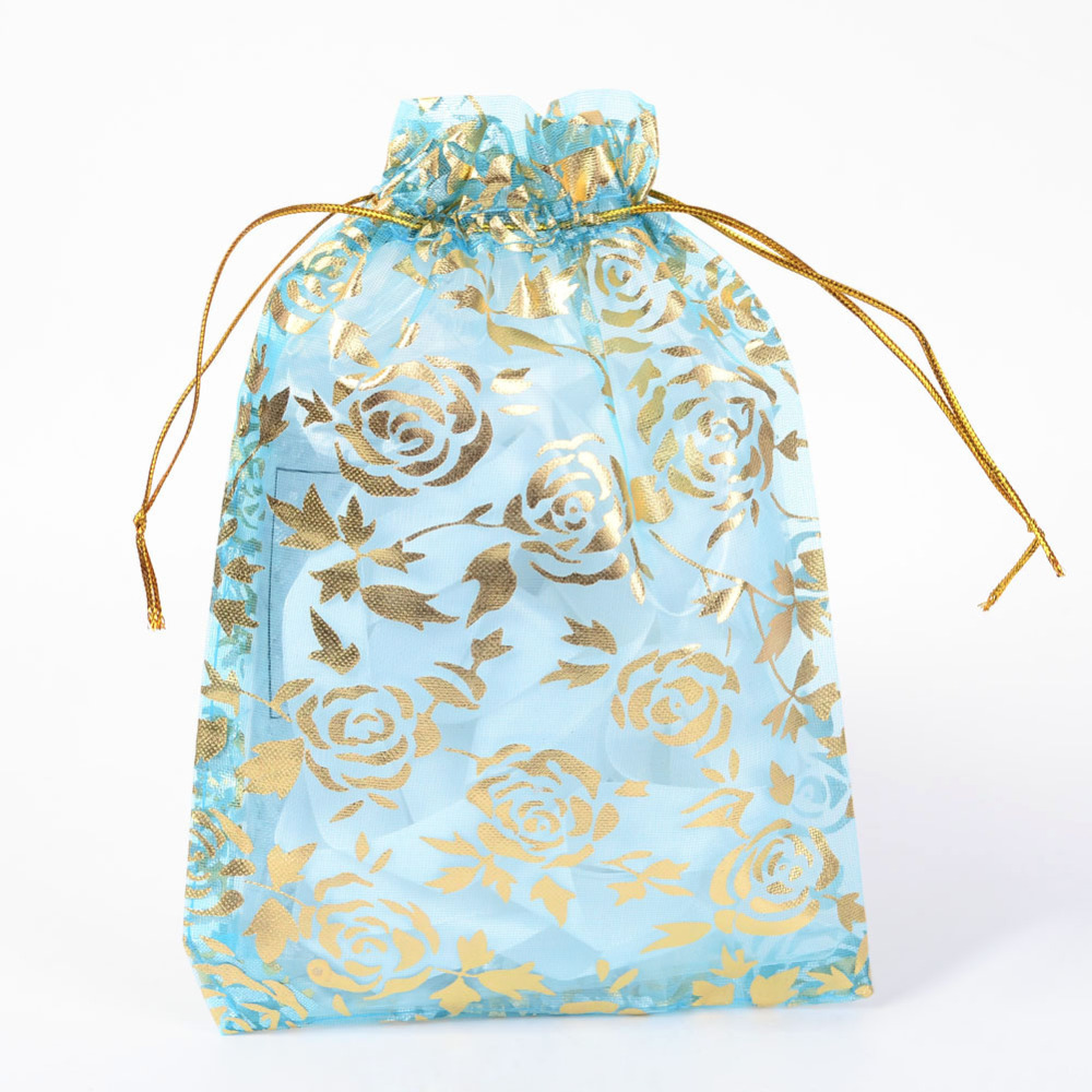 PandaHall Rose Printed Organza Bags, Gift Bags, Rectangle, LightSkyBlue, 18x13cm Organza Rectangle Blue