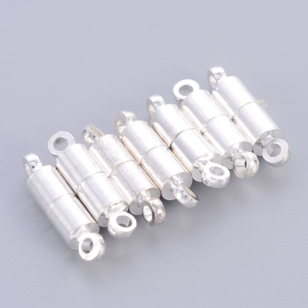 PandaHall Silver Plated Column Brass Magnetic Clasps, 4x16mm, Hole: 1.5mm Brass Column