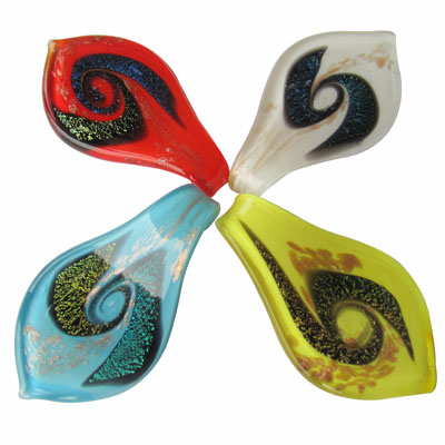 PandaHall Handmade Dichroic Glass Big Pendants, with Gold Sand, Leaf, Mixed Color, 63x35mm, Hole: 8mm Dichroic Glass Leaf Multicolor