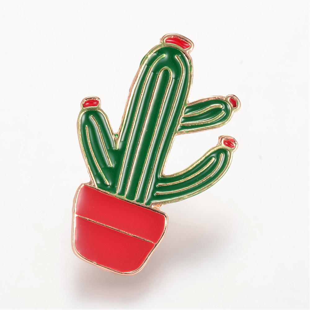 PandaHall Alloy Enamel Brooches, with Brass Finding, Cactus, Light Gold, DarkGreen, 31.5x20.5mm; Pin: 1.2mm Alloy Green