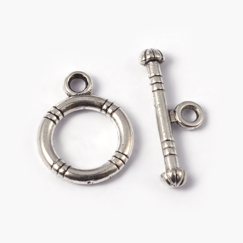 PandaHall Antique Silver Alloy Tibetan Silver Round Toggle Clasps, Antique Lead Free and Cadmium Free, Round: 15x12mm; Bar: 18.5x3.5mm, Hole...