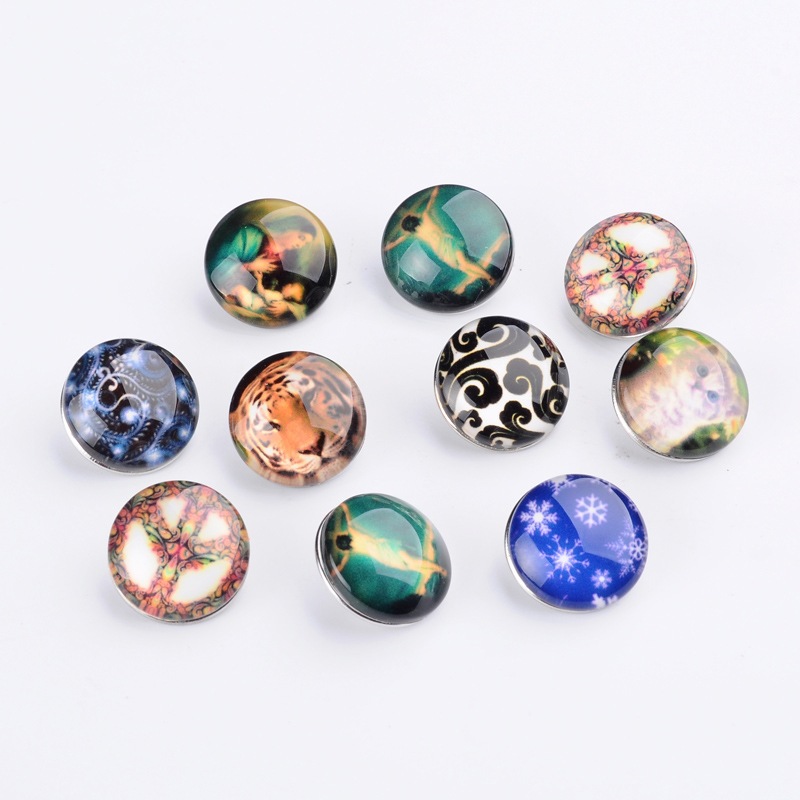 PandaHall Mixed Flat Round Brass Jewelry Snap Buttons, with Resin/Glass Cabochons, Mixed Color, 18x6~7mm; Knob: 5~5.3mm Brass+Resin Flat...