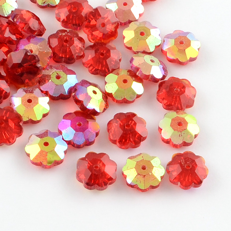 PandaHall AB-Color Plated Flower Transparent Glass Beads, Marguerite Beads, Faceted, Red, 9.5~10x4mm, Hole: 1mm Glass Flower Red