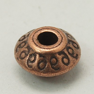 PandaHall Tibetan Style Beads, Lead Free & Nickel Free & Cadmium Free, Bicone, Red Copper Color, about 7mm long, 7mm wide, 4.5mm thick, hole...