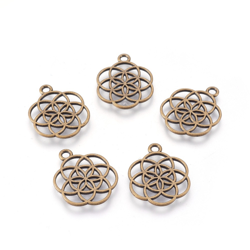 PandaHall Seed of Life Tibetan Style Flower Alloy Pendants, Cadmium Free & Nickel Free & Lead Free, Antique Bronze, 25x20x1mm, Hole: 2mm;...