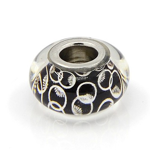 PandaHall Platinum Color Brass Double Cores Glass European Beads Fit European Bracelets DIY, Large Hole Beads, Rondelle with Pattern, Black...