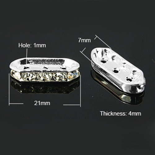PandaHall Silver Tone Hexagon Brass Grade A Rhinestone Bridge Spacers, 21x7x4mm, Hole: 1mm Brass+Rhinestone Hexagon Silver