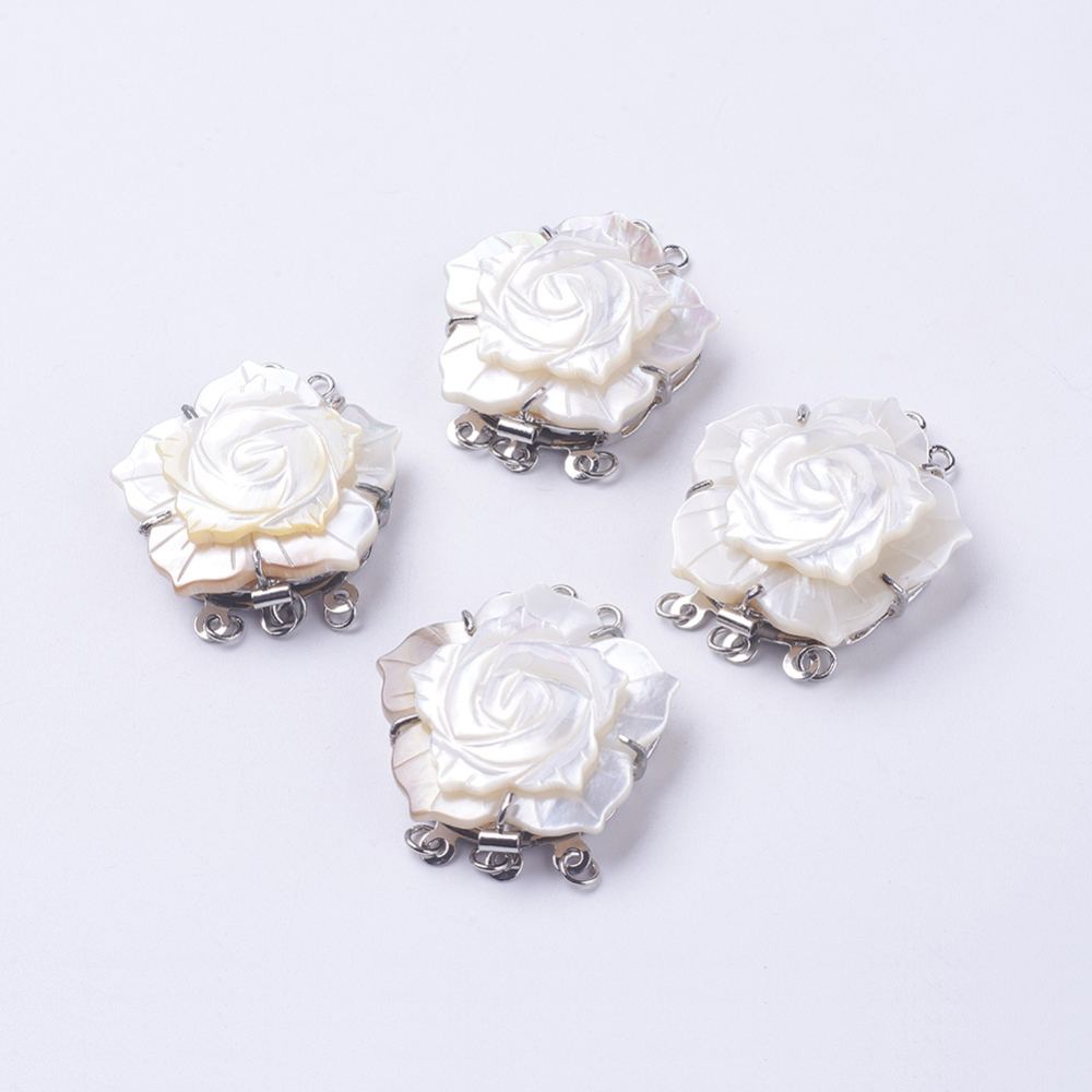 PandaHall Black Shell Box Clasps, Multi-Strand Clasps, with Brass Findings, Platinum, Rose Flower, 38x31x10.5mm, Hole: 2mm and 3mm Shell...