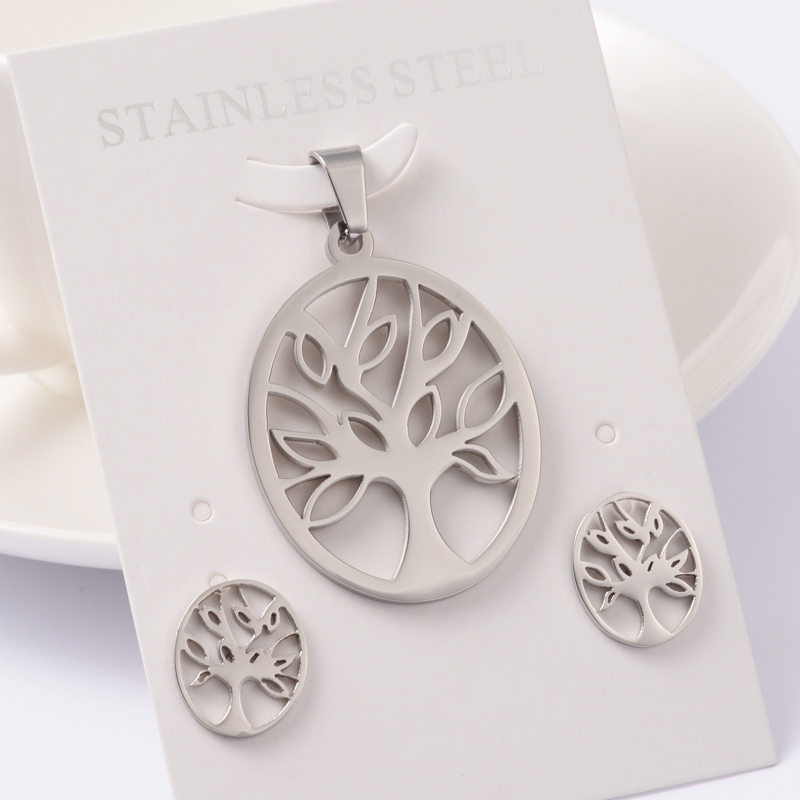 PandaHall Tree of Life 304 Stainless Steel Oval Pendant and Stud Earring Jewelry Sets, Stainless Steel Color, 39x29x2mm, Hole: 9x4mm;...