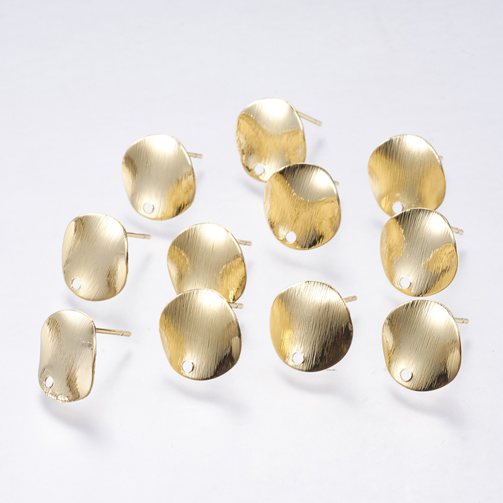 PandaHall Drawbench Brass Stud Earring Findings, Flat Round, Real Gold Plated, 12x1mm, Hole: 1mm; Pin: 0.5mm Brass