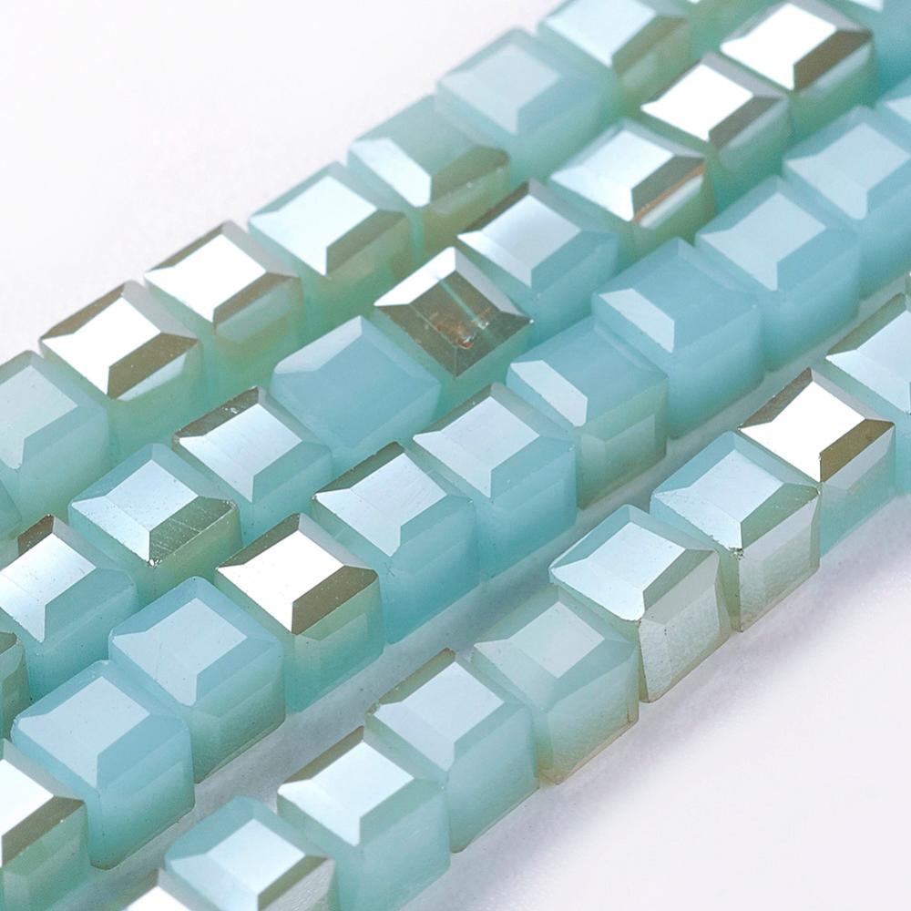 PandaHall Electroplate Glass Beads Strands, Imitation Jade, Half Plated, Faceted Cube, LightSeaGreen, 3x3x3mm, Hole: 1mm; about...