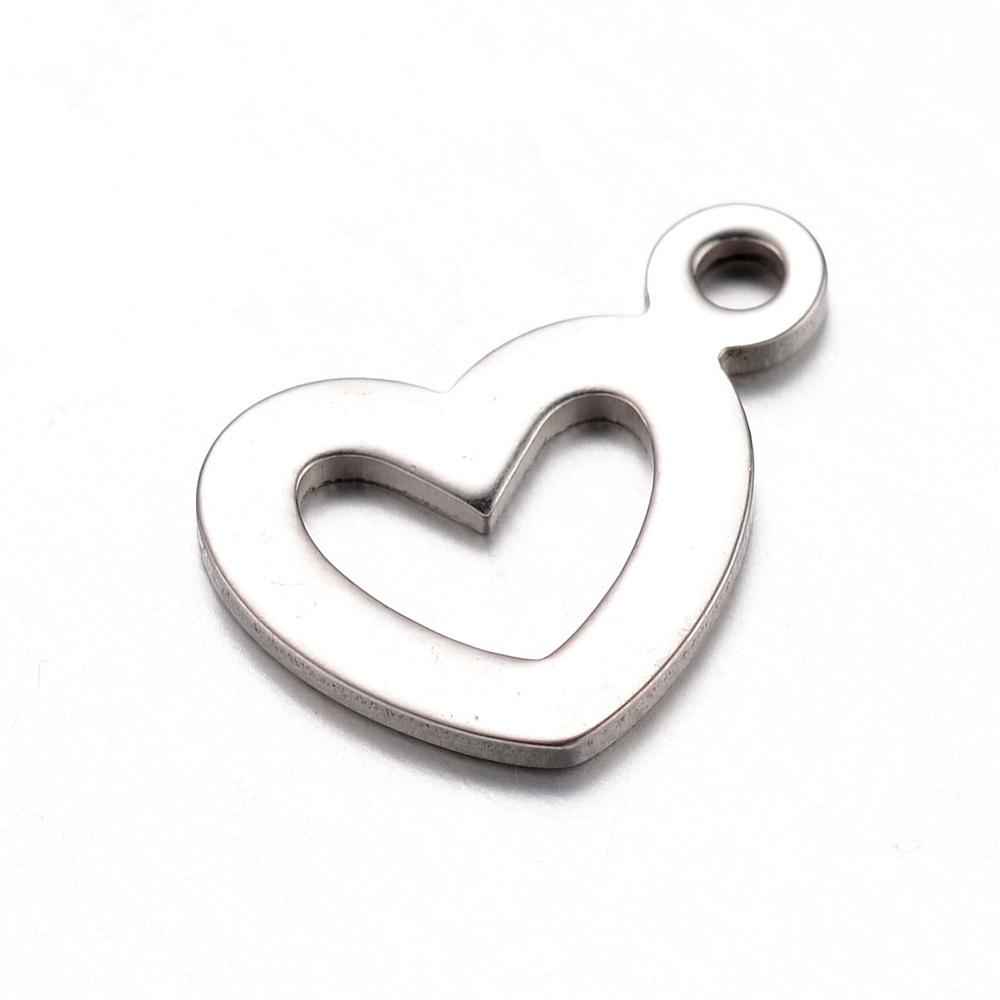 PandaHall 304 Stainless Steel Charms, Heart, Stainless Steel Color, 12.5x14x1mm, Hole: 1.5mm Stainless Steel Heart