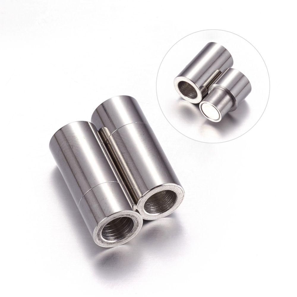 PandaHall 304 Stainless Steel Magnetic Clasps, Column, Stainless Steel Color, 19x7mm, Hole: 5mm Stainless Steel Column