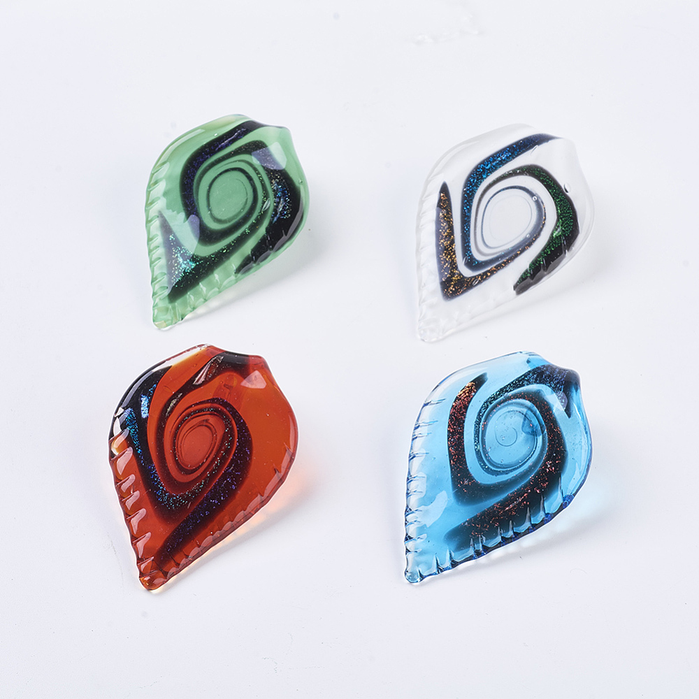 PandaHall Handmade Dichroic Glass Big Pendants, Leaf, Mixed Color, 68x41mm, Hole: 10mm Dichroic Glass Leaf Multicolor
