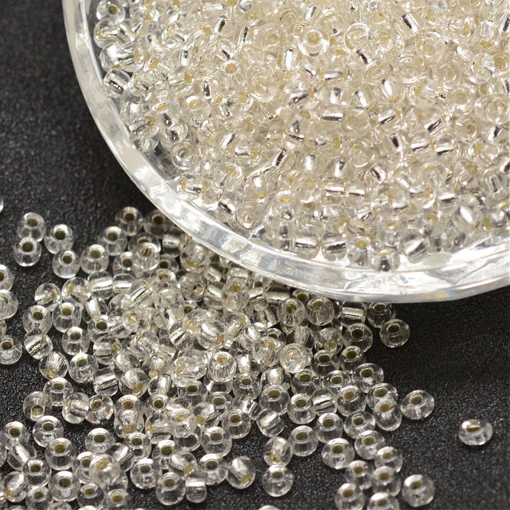 PandaHall 6/0 Transparent Glass Round Seed Beads, Grade A, Silver Lined, Clear, 3.6~4.0mm, Hole: 1.2mm; about 500pcs/50g Glass Clear