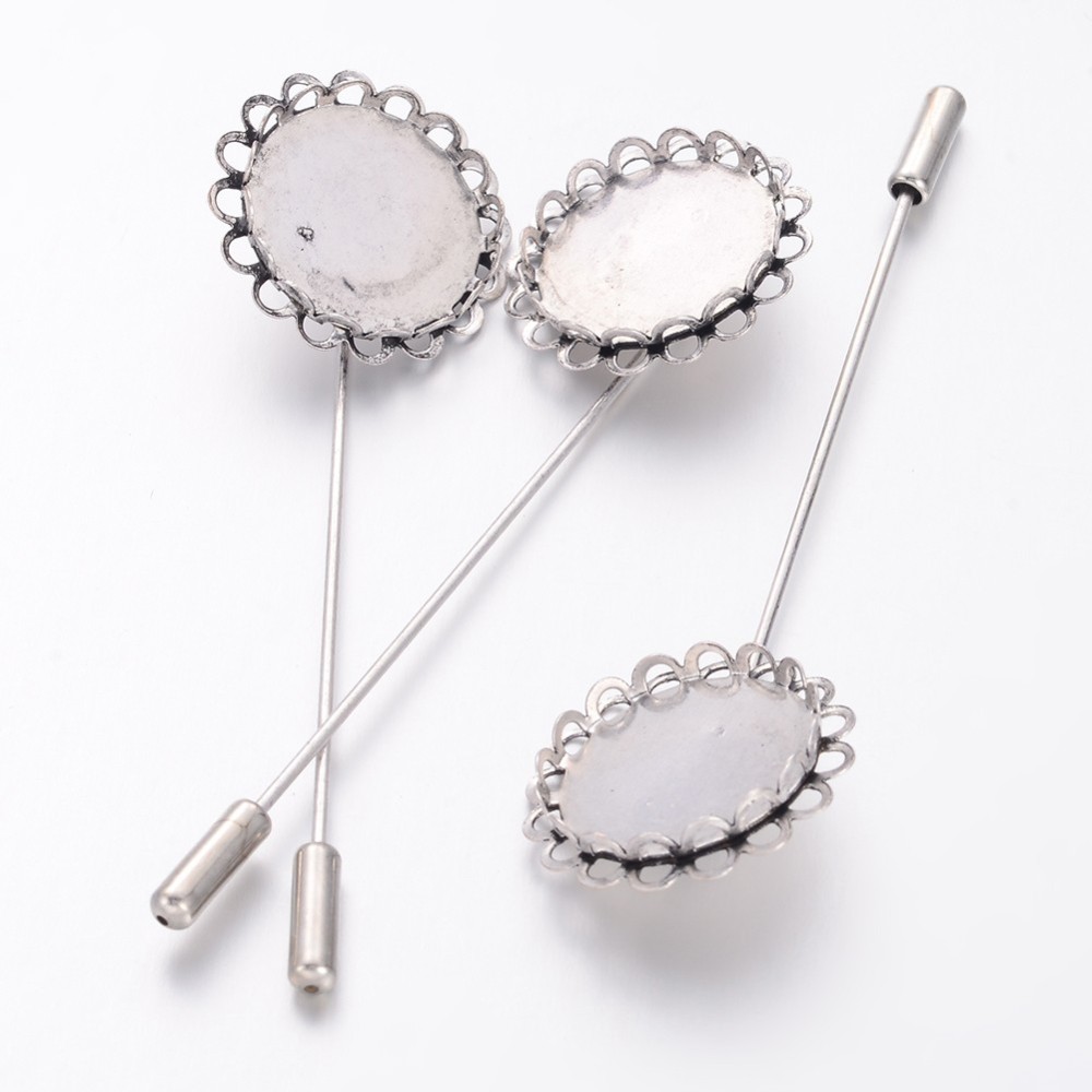 PandaHall Iron Brooch Findings with Brass Pins, for Vintage Brooch Making, Lead Free, Antique Silver, 78x26mm; Flat Round Tray: 20mm Iron