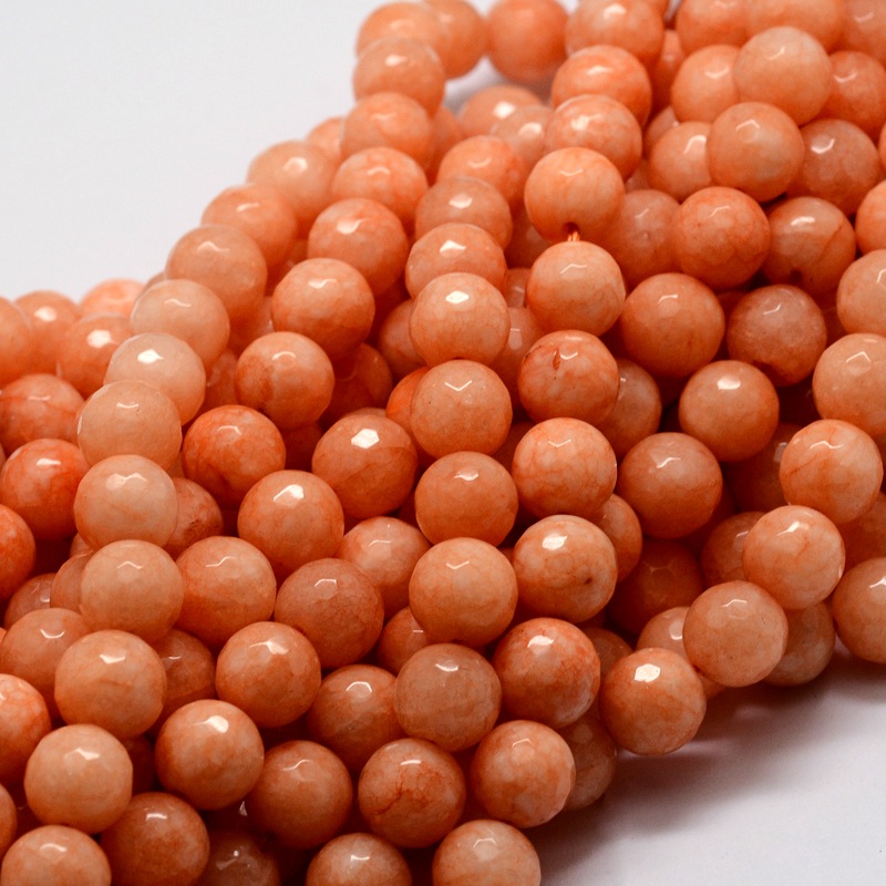 PandaHall Dyed Natural White Jade Round Beads Strands, Faceted, Orange, 8mm, Hole: 1mm; about 48pcs/strand, 15.3" White Jade Round Orange