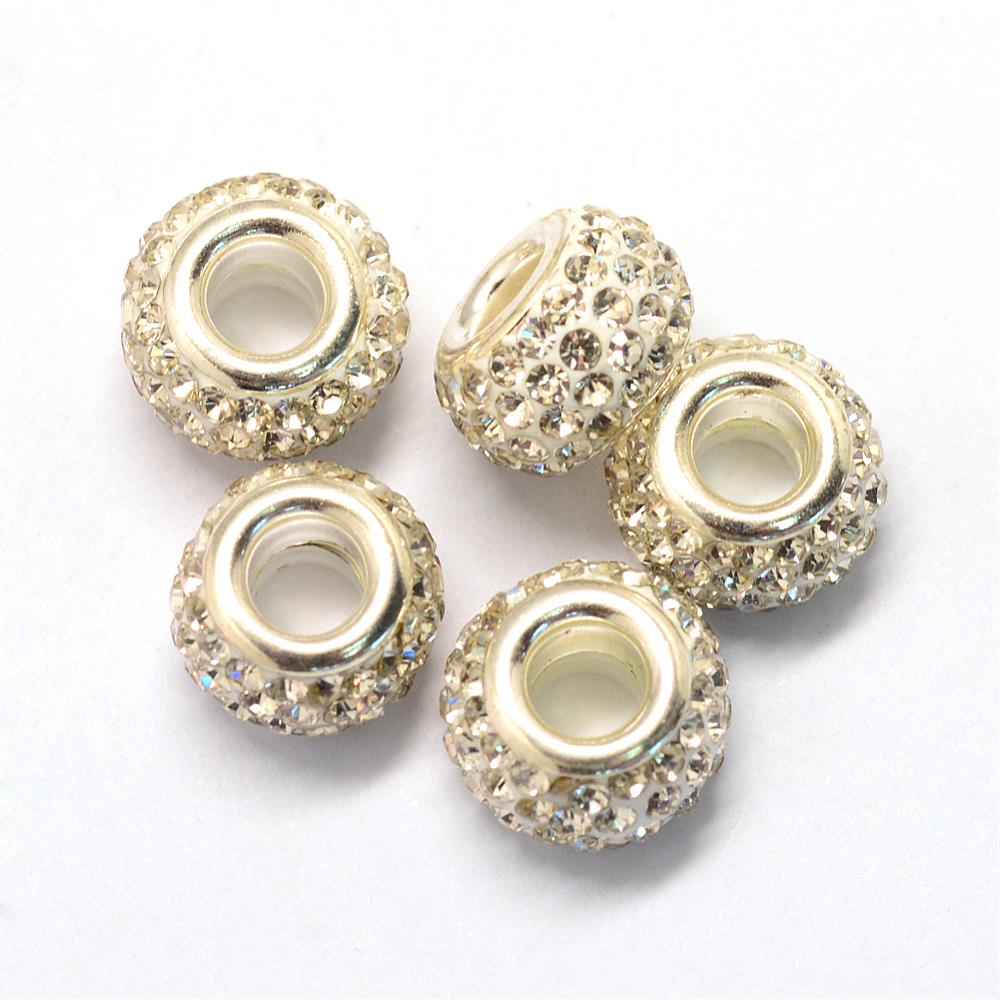 PandaHall Alloy Glass Rhinestone European Beads, Large Hole Beads, Rondelle, Silver, Crystal, 12.5x8mm, Hole: 5mm Alloy+Rhinestone Rondelle...