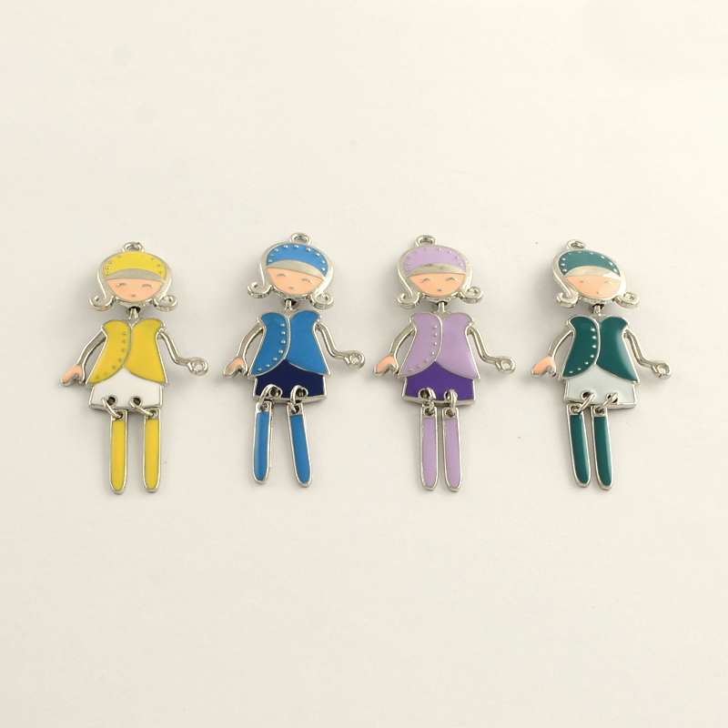 PandaHall Cute Girl Zinc Alloy Enamel Big Pendants, Nickel Free, Platinum, Mixed Color, 60x27x2mm, Hole: 2mm Alloy+Enamel Human Multicolor