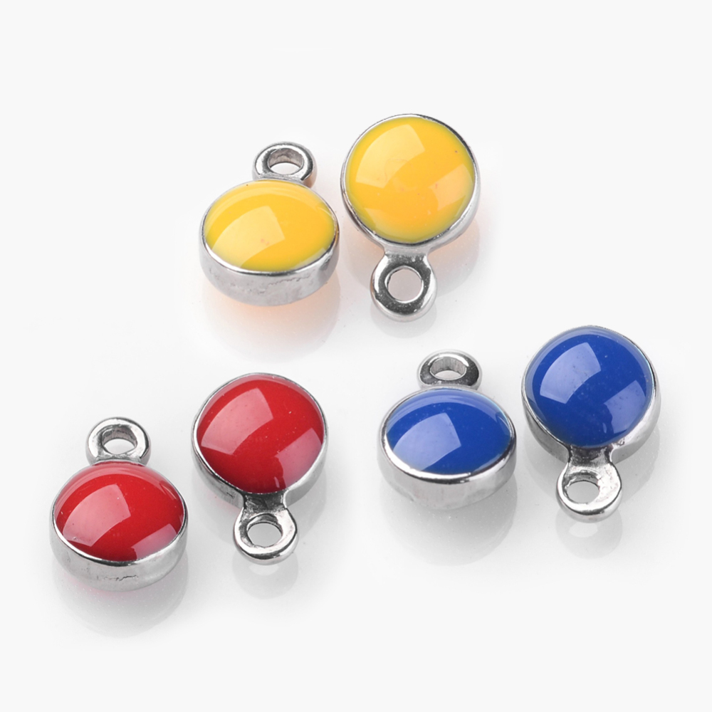 PandaHall Stainless Steel Enamel Charms, Flat Round, Mixed Color, 7x4x3mm, Hole: 0.5mm Stainless Steel+Enamel Flat Round Multicolor