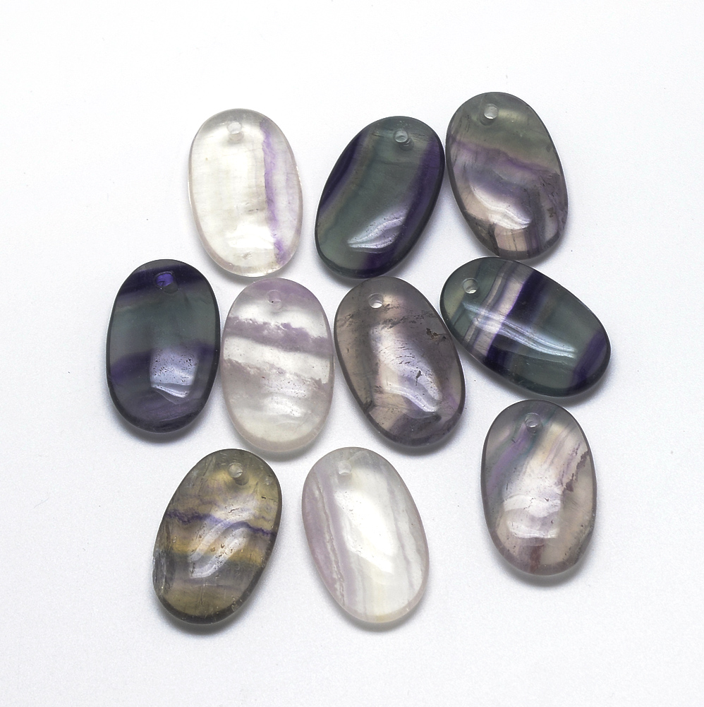 PandaHall Natural Fluorite Pendants, Oval, 31x18~20x5~6mm, Hole: 2mm Fluorite Oval