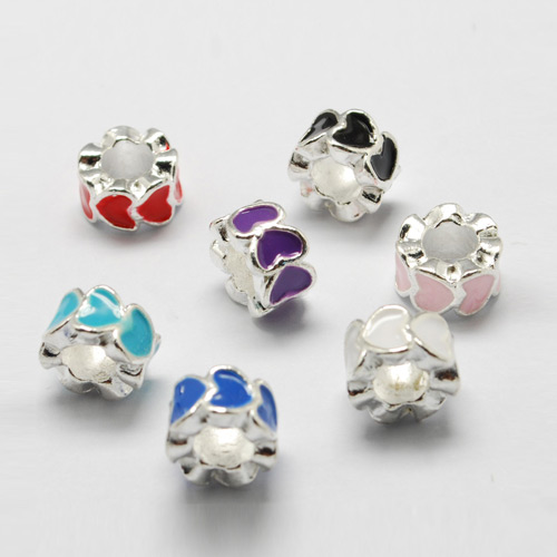 PandaHall Silver Alloy Enamel European Beads, Large Hole Beads, Column with Heart, Mixed Color, 10x6mm, Hole: 5mm Alloy+Enamel Column...
