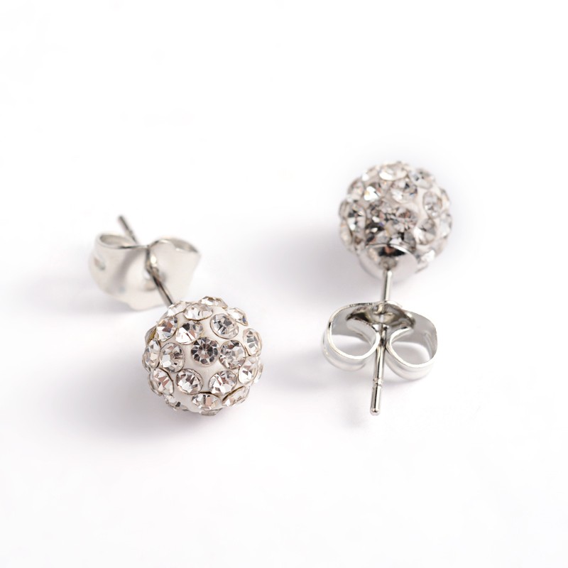 PandaHall Polymer Clay Rhinestone Ball Stud Earrings, with Steel Pins, Crystal, 8mm; Pin: 0.8mm Rhinestone