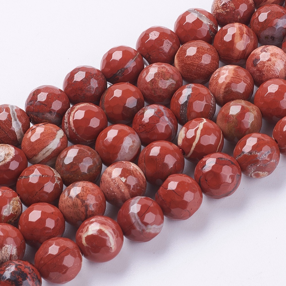 PandaHall Natural Red Jasper Beads Strands, Faceted, Round, FireBrick, 10mm, Hole: 1mm; about 38pcs/strand, 15.75" Red Jasper Round Red